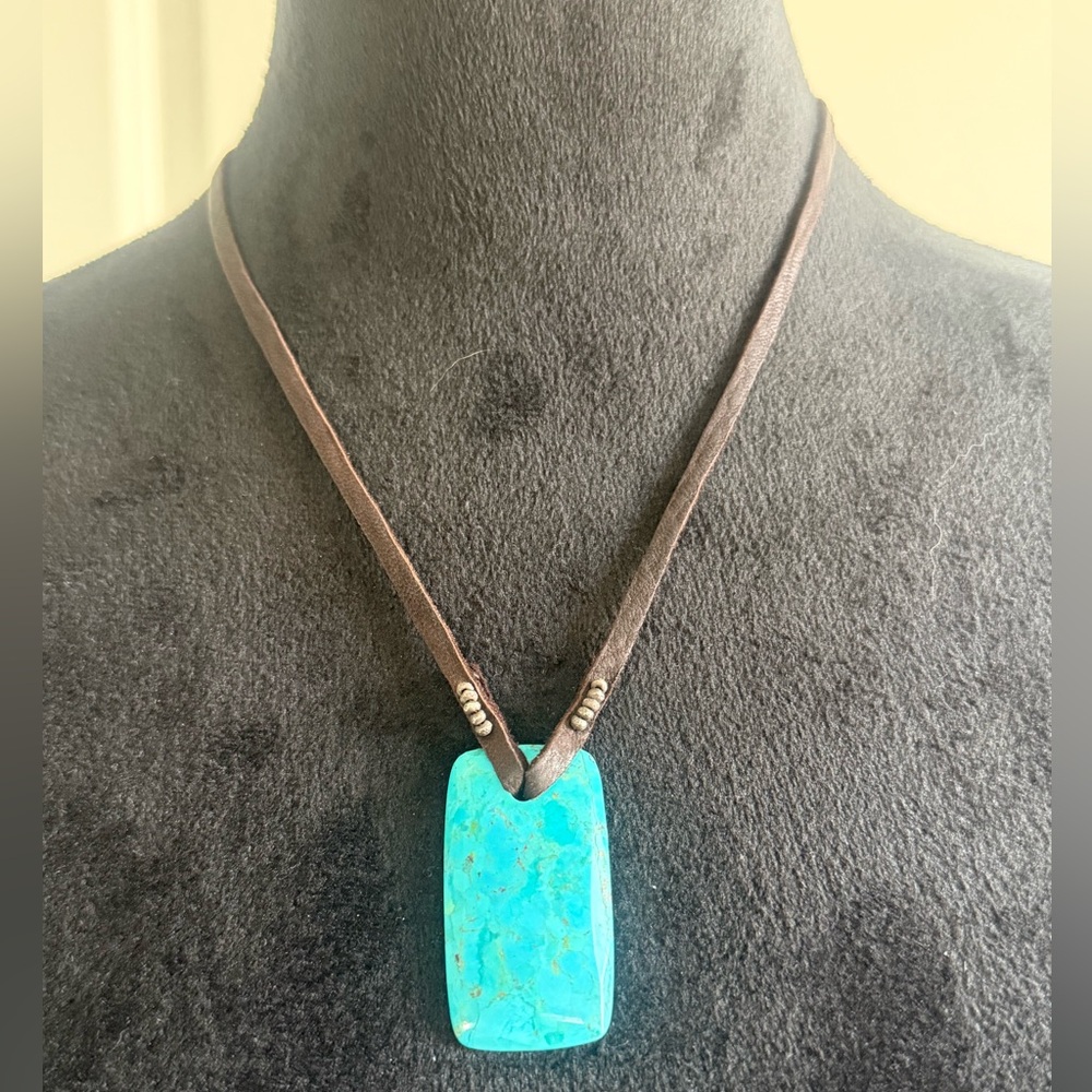 Vintage Sundance Turquoise Pendant & Brown Leather Necklace